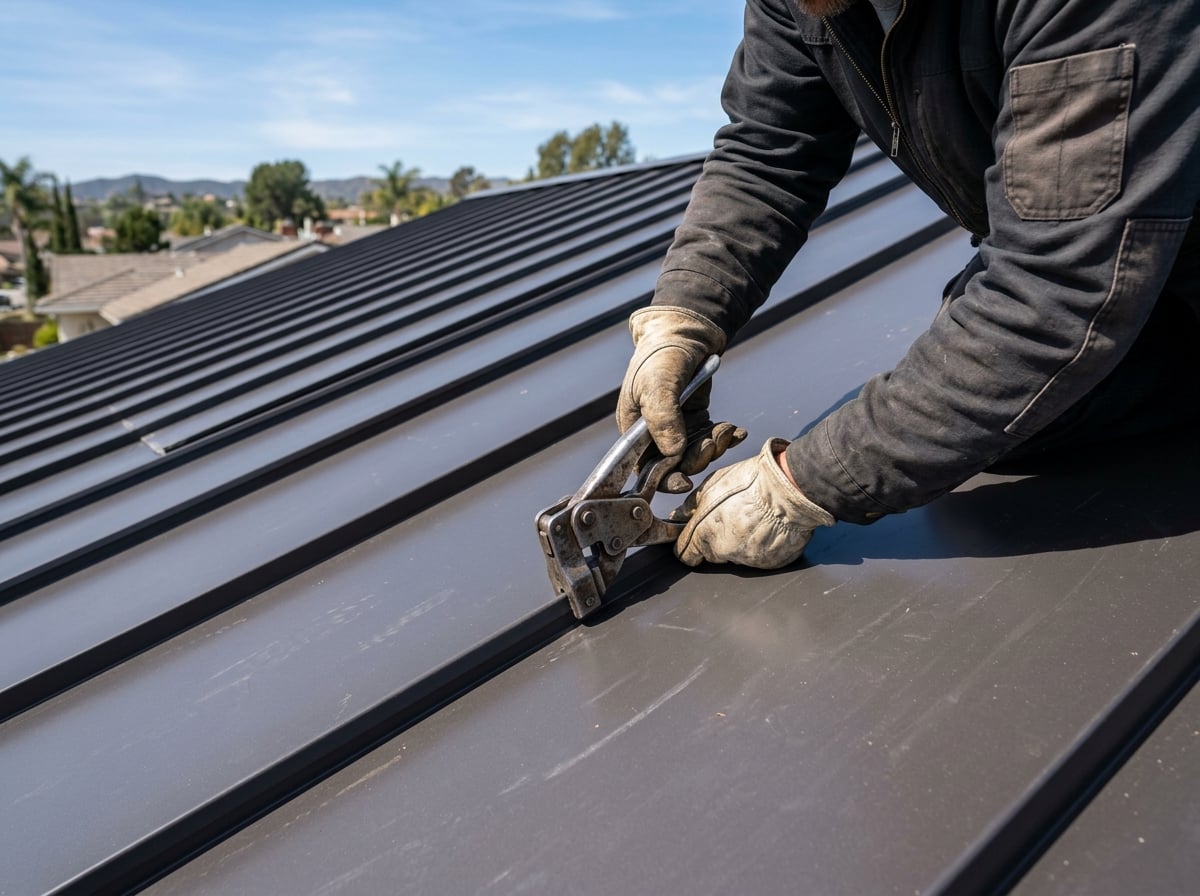 The Metal Roof Pros C-43 sheet metal specialist hand-forming a standing seam panel on a roof